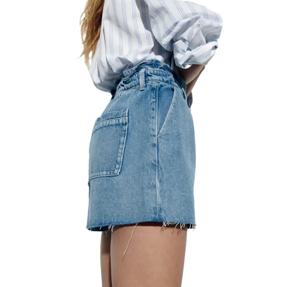 ZARA Z1975 Mid Blue High Rise Baggy Paperbag Shorts NWT Size 4